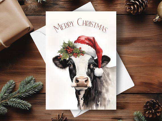 Cow Christmas Card, Dairy Cow Holiday Card, Red Poinsettia Wreath, Red Christmas Santa Hat, Watercolor Art Illustration, Farm Christmas Gift