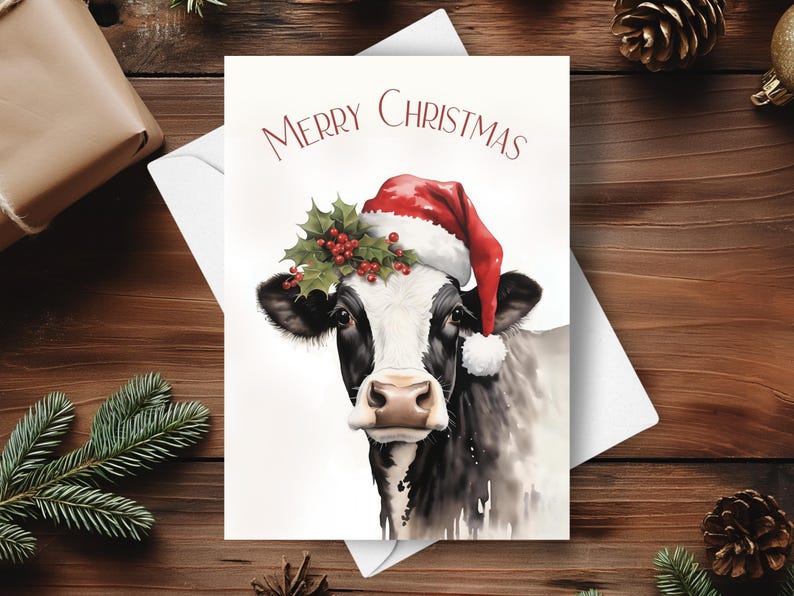 May include: A Christmas card featuring a black and white cow wearing a red Santa hat with a holly and berry wreath. The card reads "Merry Christmas".
