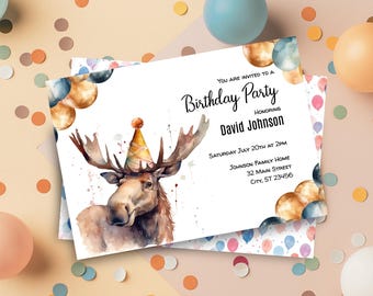Moose Birthday Party Invitation, Digital Editable Template, Print at Home, Rustic Woodland Animal Forest, Colorful Watercolor Illustration
