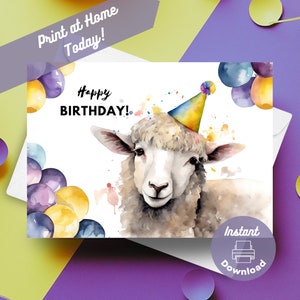 Afdrukbare verjaardagskaart schapen, direct downloaden, thuis afdrukken cadeau, wolboerderij thema verjaardagscadeau, wollige schapen, aquarel illustratie