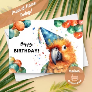 Carte d'anniversaire imprimable perroquet, téléchargement immédiat, impression à la maison, cadeau oiseau ara, carte de voeux aquarelle sur le thème des animaux de la forêt tropicale