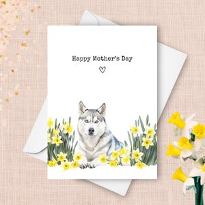 Husky Muttertagskarte, vom Haustier Siberian Husky Hund Glücklicher Muttertagsgruß, Gelbe Narzissen Geschenk für Mutter, Frühling Aquarell Geschenk