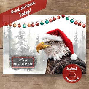 Tarjeta navideña con águila para imprimir, descarga digital instantánea para imprimir en casa, bosque nevado de invierno, regalo festivo patriótico, ilustración de acuarela