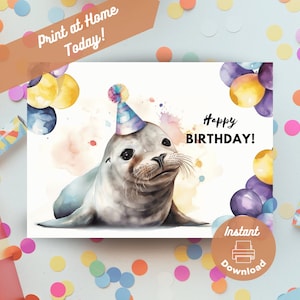 Druckbare Geburtstagskarte Seehund, Sofort Download, Print at Home Karte, Kegelrobbe, Leben im Meer Aquarium Geburtstag, Aquarell Illustration