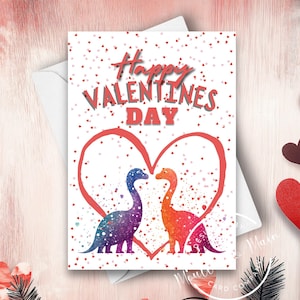 Cartão de Dia dos Namorados de Dinossauro, Feliz Dia dos Namorados, Dinossauros Apaixonados, Conjunto de Cartões de Dia dos Namorados de Dinossauro, Corações de Amor, Ilustração em Aquarela