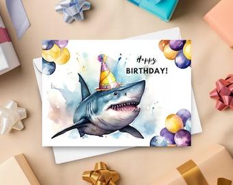 Shark Birthday Card, Party Hat, Happy Birthday, Great White Shark Gift, Aquarium Birthday, Sea Life Greeting Card, Watercolor Illustration