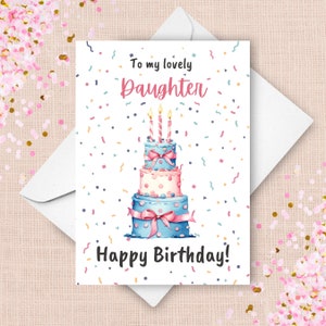 Geburtstagskarte für Tochter, alles Gute zum Geburtstagkarte von Mutter oder Vater, an meine schöne Tochter alles Gute zum Geburtstag, Aquarell Konfetti-Kuchen