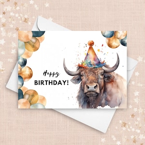 Büffel Geburtstagskarte mit Partyhut, alles Gute zum Geburtstag, Amerikanischer Bison Geschenk, Tier Geburtstag, Gruß der wild lebenden Tiere, Aquarell Illustration