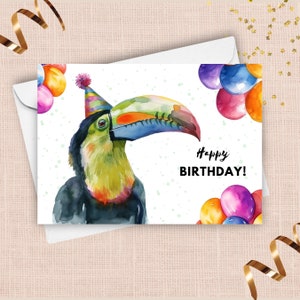Carte d'anniversaire toucan, voeux de joyeux anniversaire chapeau de fête, cadeau oiseau tropical, cadeau animal sauvage, illustration portrait aquarelle coloré