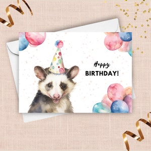Karta urodzinowa Opossum, powitanie na przyjęcie urodzinowe, prezent dla dzikiej przyrody, prezent dla dzikiego zwierzęcia Possum, ilustracja portretu akwarelowego