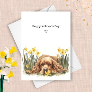 Cocker Spaniel Muttertagskarte, vom Haustierhund Alles Gute zum Muttertag Gruß, Gelbe Narzissen Geschenk für Mama, Frühlingsblumen Aquarell Geschenk