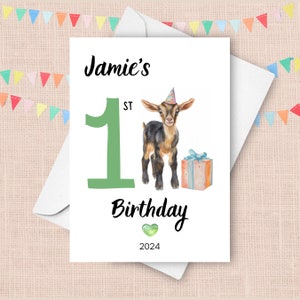 Carte de premier anniversaire de chèvre, cadeau d'un an, joli cadeau personnalisé d'enfant de chèvre avec le nom personnalisé, carte d'animal de ferme d'aquarelle de 1er anniversaire