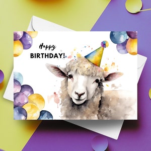 Carte d'anniversaire mouton avec chapeau de fête et ballons, cadeau sur le thème d'anniversaire à la ferme, mouton laineux, joyeux anniversaire, illustration aquarelle originale