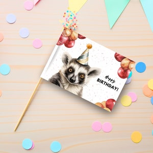 Topper de cupcake de aniversário de lêmure imprimível, download instantâneo, impressão em casa, seleção de cupcake de feliz aniversário personalizada, decoração de festa de bolo artesanal DIY
