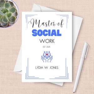 Tarjeta de graduación de MSW, tarjeta de felicitación personalizada de 2025 para maestría en trabajo social, licencia universitaria, examen, trabajo de campo, felicitaciones de graduación