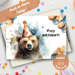 Carte d'anniversaire imprimable en téléchargement numérique, impression à la maison, cadeau grizzly, illustration de carte d'anniversaire ours coloré