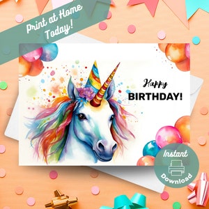 Cartão de aniversário de unicórnio para impressão, download instantâneo, presente para impressão em casa, festa de aniversário de menina unicórnio arco-íris, ilustração de arte em aquarela