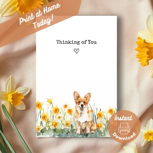 Carte imprimable « Thinking of you » Corgi, téléchargement immédiat, impression à la maison, cadeau jonquilles jaunes, cadeau aquarelle fleurs Welsh Corgi Dog Cheer