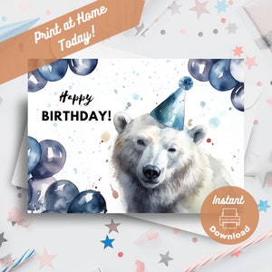 Carte d'anniversaire imprimable ours polaire, téléchargement immédiat, impression à la maison, cadeau animal de l'Arctique, voeux de la faune du zoo, illustration aquarelle
