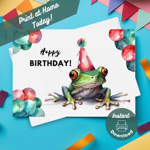 Printable Tree Frog Birthday Card, Instant Digital Download Print at Home Card, Tree Frog Gift, Colorful Frog Birthday Card Illustration