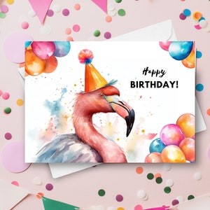 Carte d'anniversaire flamant rose, chapeau de fête de joyeux anniversaire, cadeau oiseau tropical, carte de voeux sur le thème des animaux, illustration d'art aquarelle coloré rose