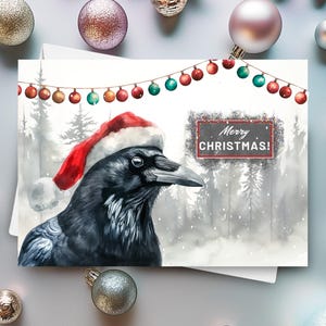 Kerstkaart kraai, Merry Christmas zwarte vogel met een kerstmuts in een besneeuwde winterse scène, kraai vakantiecadeau, aquarel kunst illustratie