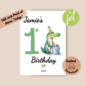 Druckbare Alligator erste Geburtstagskarte bearbeitbare Vorlage, Druck zu Hause Karte, bearbeitbares personalisiertes Gator Wildtiergeschenk mit benutzerdefiniertem Namen