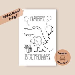 Afdrukbare kleurenverjaardagskaart, instant digitale download Print at Home-kaart, schattige Happy Alligator Animal-verjaardagskaart voor kinderen om in te kleuren