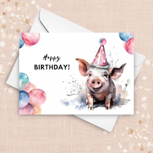 Jolie carte d'anniversaire de cochon avec chapeau de fête, joyeux anniversaire, cadeau de cochon, anniversaire d'animal mignon, carte de voeux de ferme, illustration d'art aquarelle