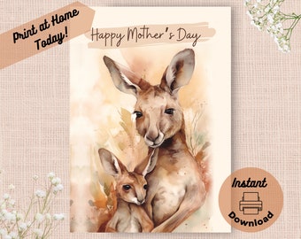 Printable Kangaroo Mother’s Day Card, Instant Download Print at Home Jill and Joey Greeting For Mom, Watercolor Animal Wildlife Gift for Mum