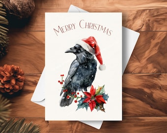 Raven Christmas Card, Wearing A Santa Hat And Red Poinsettia Garland, Black Bird Raven Wildlife Holiday Gift, Watercolor Art Illustration