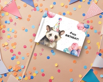 Wydrukuj Possum Birthday Cupcake Topper, natychmiastowe pobranie wydruku w domu Spersonalizowany wybór babeczek urodzinowych, dekoracja na przyjęcie z tortem DIY