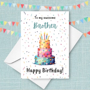 Geburtstagskarte für Bruder, alles Gute zum Geburtstag Grußkarte von Sibling, zu meinem fantastischen Bruder-Geburtstag, von Schwester, Aquarell-Konfetti-Kuchen