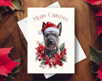 Scottish Terrier Christmas Card, Wearing A Santa Hat And Red Poinsettia Garland, Dog Portrait Pet Holiday Gift, Watercolor Art Illustration