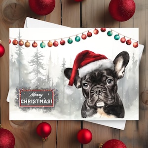 Französische Bulldogge Weihnachtskarte, frohe Weihnachten schwarze Frenchie trägt Weihnachtsmütze verschneite winterliche Szene, Feiertagsgeschenk Aquarell Illustration