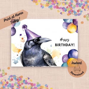 Druckbare Geburtstagskarte Rabe, sofortiger digitaler Download Druck zu Hause Karte, schwarzer Rabe mit Luftballons und Partyhut, Aquarell-Illustration