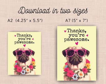 Printable Pug Funny Thank You Card, Instant Download Print at Home