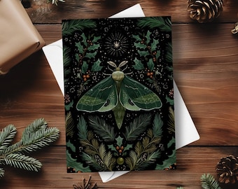 Dark Gothic Moth Holiday Greeting Card, Metaphysical Witchy Pagan Winter Yule Christmas Gift, Enchanting Spell Moonlit Night Greeting Card