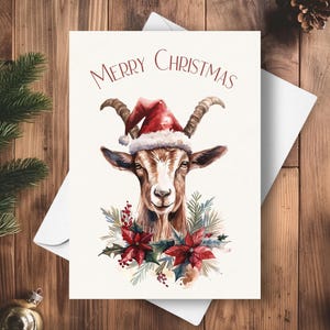 Kerstkaart geit, met kerstmuts en rode kerstster, kerstcadeau geit boerderijdier vakantie, aquarel kunst illustratie