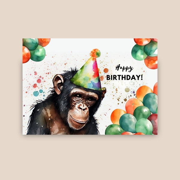 Chimpanzee Birthday Card With Party Hat, Happy Birthday, Monkey Chimp Gift, Zoo Safari Animal Greeting Card, Watercolor Illustration