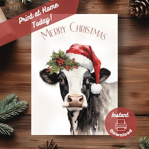 Afdrukbare koe kerstkaart, Instant Digitale Download Print at Home Card, kerststerkrans, rode kerstmuts, aquarel kunst illustratie