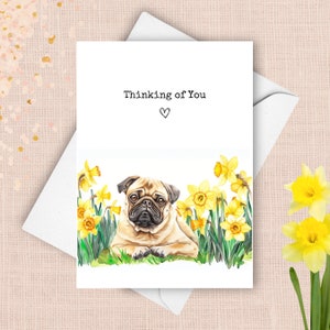 Carlin pensant à vous, chien carlin envoyant des voeux d'amour heureux, cadeau de sympathie jonquilles jaunes, aquarelle personnalisée de fleurs de printemps