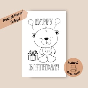 Cartão de aniversário para colorir e imprimir, download digital instantâneo, cartão para imprimir em casa, cartão de aniversário fofo e feliz com ursinho de pelúcia para crianças colorirem