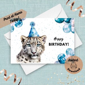 Carte d'anniversaire imprimable léopard des neiges, téléchargement immédiat, impression à la maison, cadeau léopard blanc, once de chat, illustration aquarelle de l'Arctique