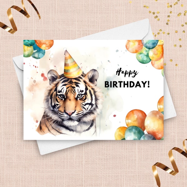 Tiger Birthday Card With Party Hat, Happy Birthday, Big Cat Gift, Zoo Animal Birthday, Zoo Animal Greeting Card, Watercolor Art Illustration