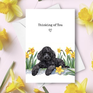 Schwarzer Pudel, der an Sie Karte denkt, Haustierhund, der Beifall-Liebesgruß, gelbes Narzissen-Beileidgeschenk, Frühlingsblumen-Aquarellgeschenk sendet