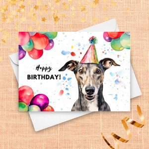 Carte d'anniversaire lévrier, chapeau et ballons de fête de joyeux anniversaire, portrait de chien lévrier, cadeau de chien de compagnie, portrait d'illustration à l'aquarelle