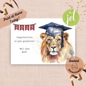 Carte de remise des diplômes Lion personnalisée imprimable, modèle modifiable à imprimer à la maison, 2025 nom personnalisé mascotte félicitations lycée