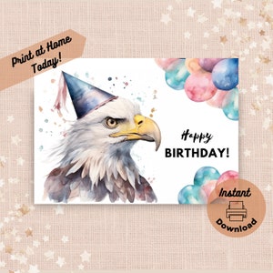 Druckbare Geburtstagskarte Adler, sofortiger Download, Print at Home Karte, Weißkopfseeadler Geschenk, Vaterländische Geburtstagsparty, Aquarell Kunst Illustration