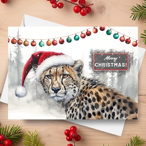 Cartão de Natal de chita, gato feliz de Natal usando um chapéu de Papai Noel em uma cena de inverno com neve, presente de feriado de safári no zoológico, ilustração em aquarela